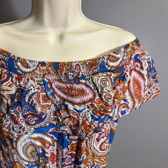 Unique Ruffle Top Paisely Off-Shoulder Boho Dress w/ tassel waist - Picture 3 of 5